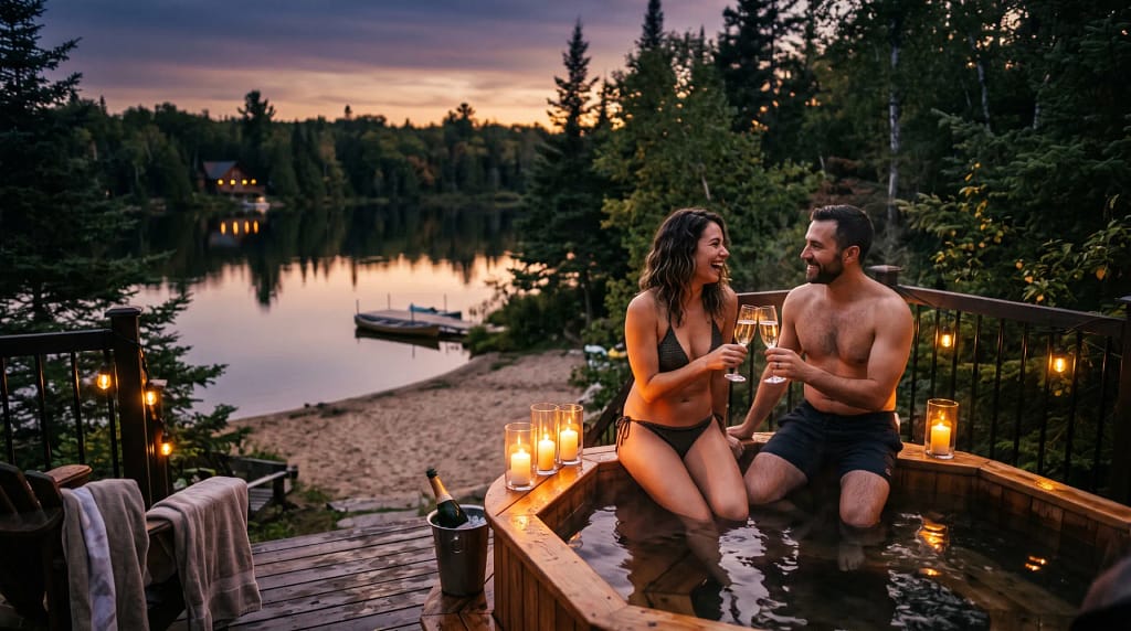 Sexy getaways for couples, like sharing a champagne toast in hot tub