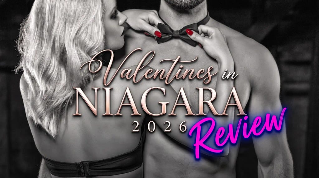 A black and white image of a woman adjusting a bow tie on a shirtless man with text reading Valentines in Niagara 2026 Review.
