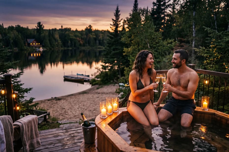 Sexy getaways for couples, like sharing a champagne toast in hot tub